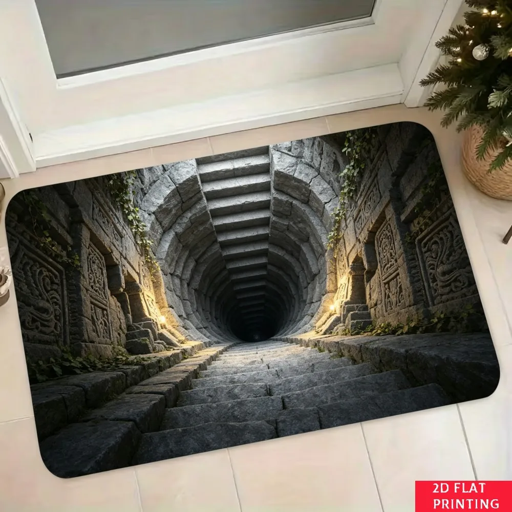 3D Lava Pit Illusion Door Rug Black Stone Texture Red Magma Ladder Depth Print Non Slip Visual Trick Floor Mat Entrance Decor