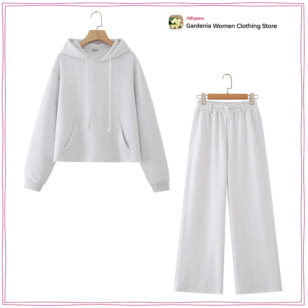 

Comfy Cotton Tracksuits for Women Autumn Gray 2 Piece Set Hooded Sweatshirt with Seamless Hem + Belted Straight Leg Fleece Pants