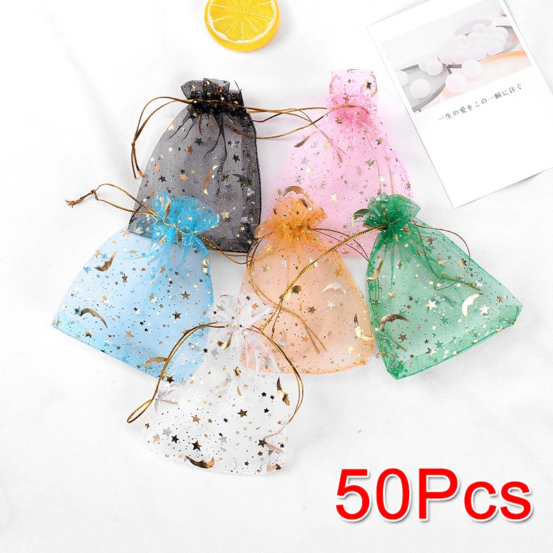 Organza Hot Stamping Jewellery Packaging Bag | Drawstring Gift Yarn Storage Bag | Star Moon Pattern Candy Bags for Christmas