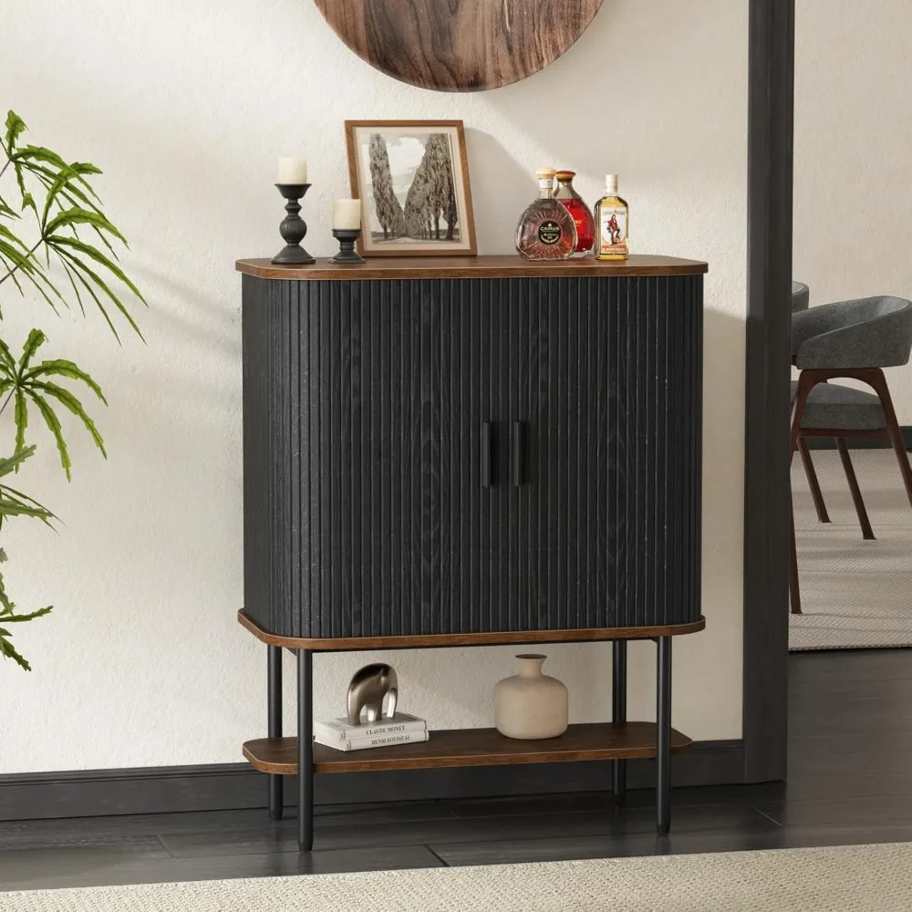 Armário de bar de café preto com armazenamento, armário de licor de vinho canelado com portas deslizantes, suporte de vidro e rack de vinho, aparador de buffets