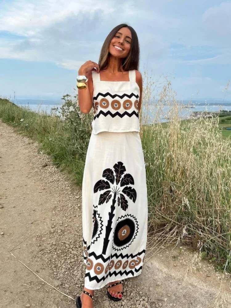 

chic Linen Printed High Waist Midi Skirt Set For Women Elegant Off Shoulder Square Neck Top Set 2024 Summer Lady Vacation Suits