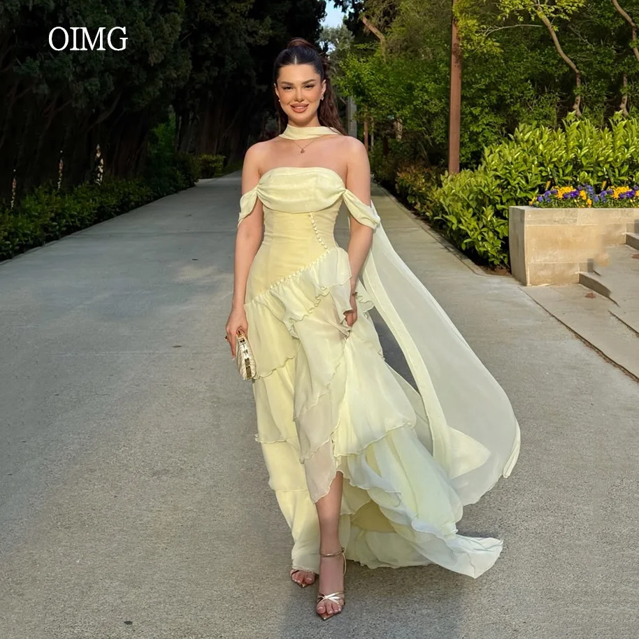 

OIMG Maxi Yellow Off The Shoulder A Line Prom Gowns Ruffled Tiered Graduation Party Gown Floor Length Evening Dress Customized