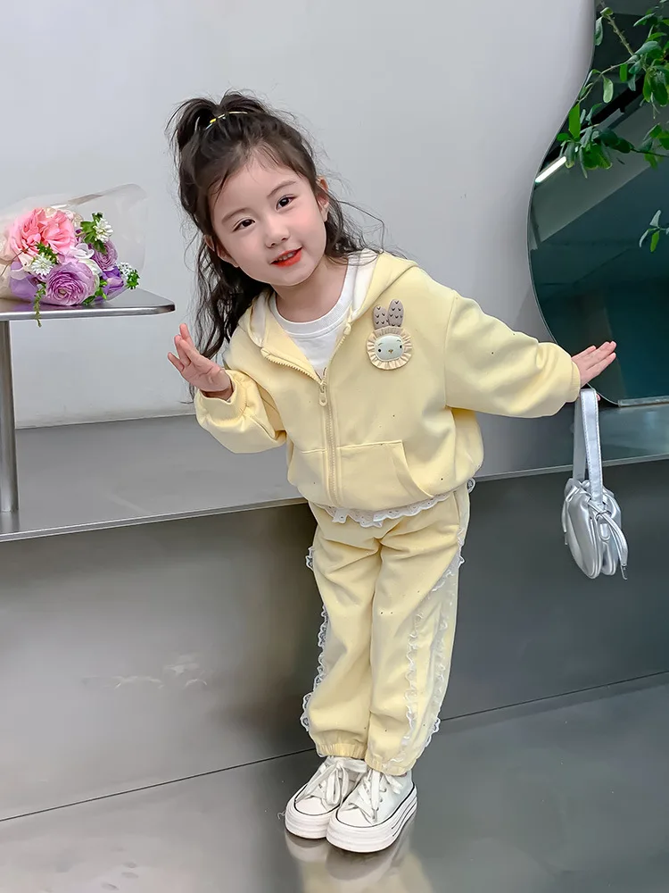 

Girls' Spring and Autumn New Fashionable Hooded Top Lace Sweatpants Two-Piece Set