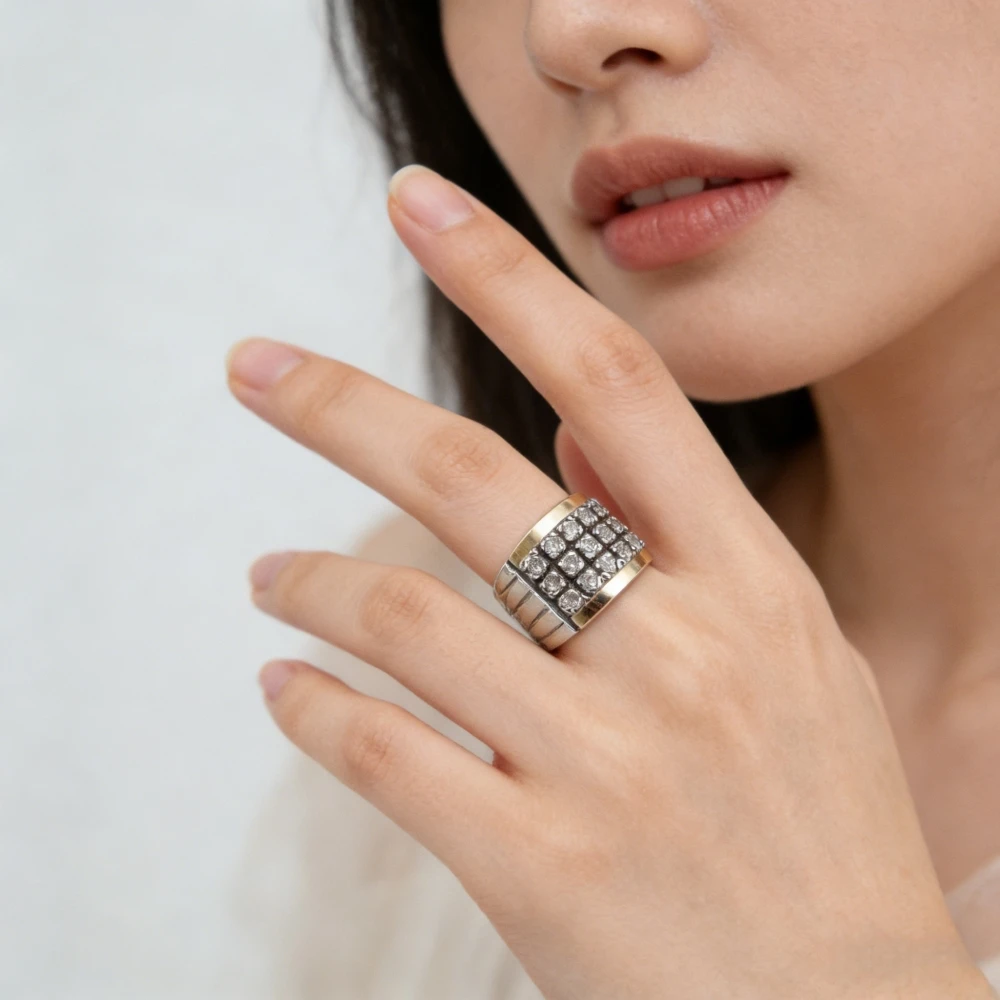 Vintage Two Tone Three Lines White Stone Wide Ring For Women Men Wedding Party Banquet Retro Anniversary Jewelry
