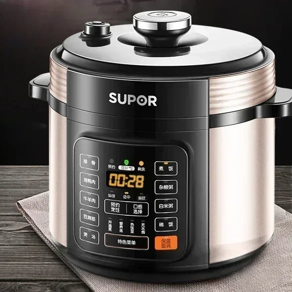 Household large capacity electric pressure cooker with double bile. Features intelligent appointment and automatic exhaust.