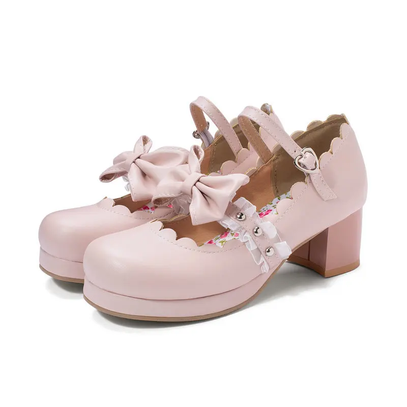 Girls High Heels Women Pumps Japan Children's Mary Jane School Shoes Wedding Party Shoes Bowknot Princess Lolita Shoes 32-43