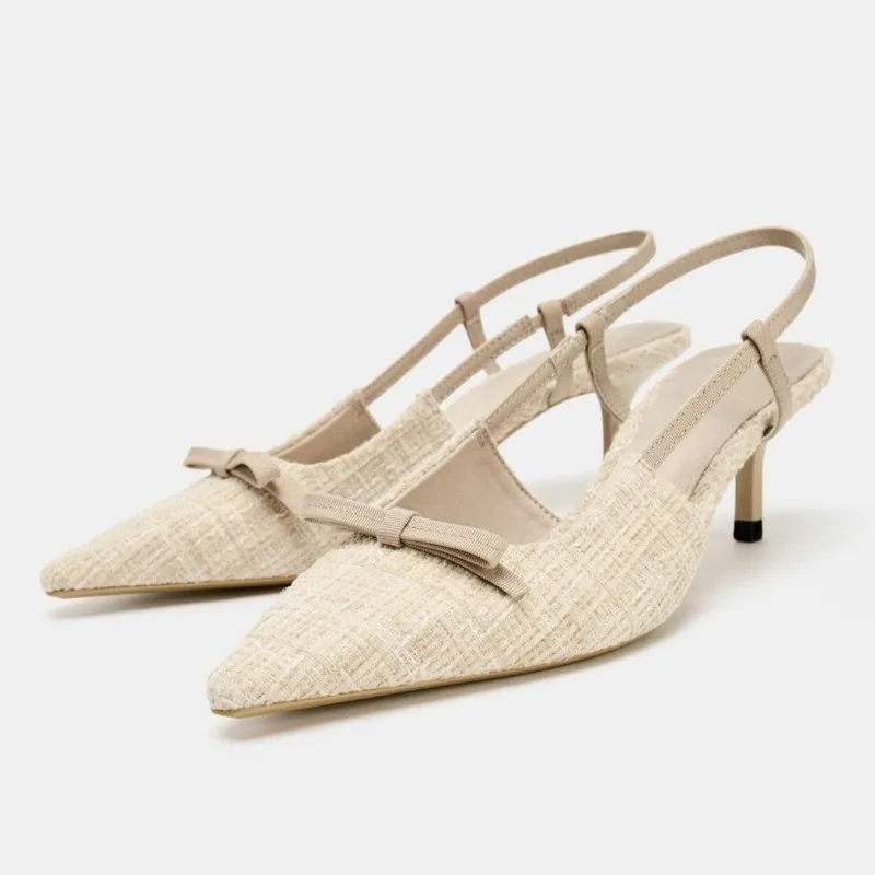 

Elegant Beige Bow Decoration Kitten Heel Shoes for Woman Luxury Designer Pointed Toe Slingback Sandals Fashion Party Dress Shoes