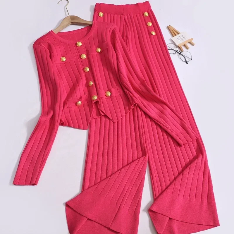 Fashion Y2k Knitted Suit Autumn Winter Rose Red Elegant Metal Buckle Slim Knit Shirt High Waist Casual Pants 2-Piece Set Women