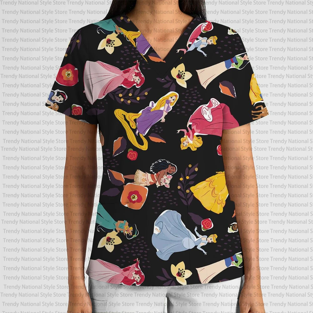 T-shirt de travail pour femmes, série Disney Princess, imprimé, col en V, poche, finition givrée, pour hôpital, clinique, dentiste