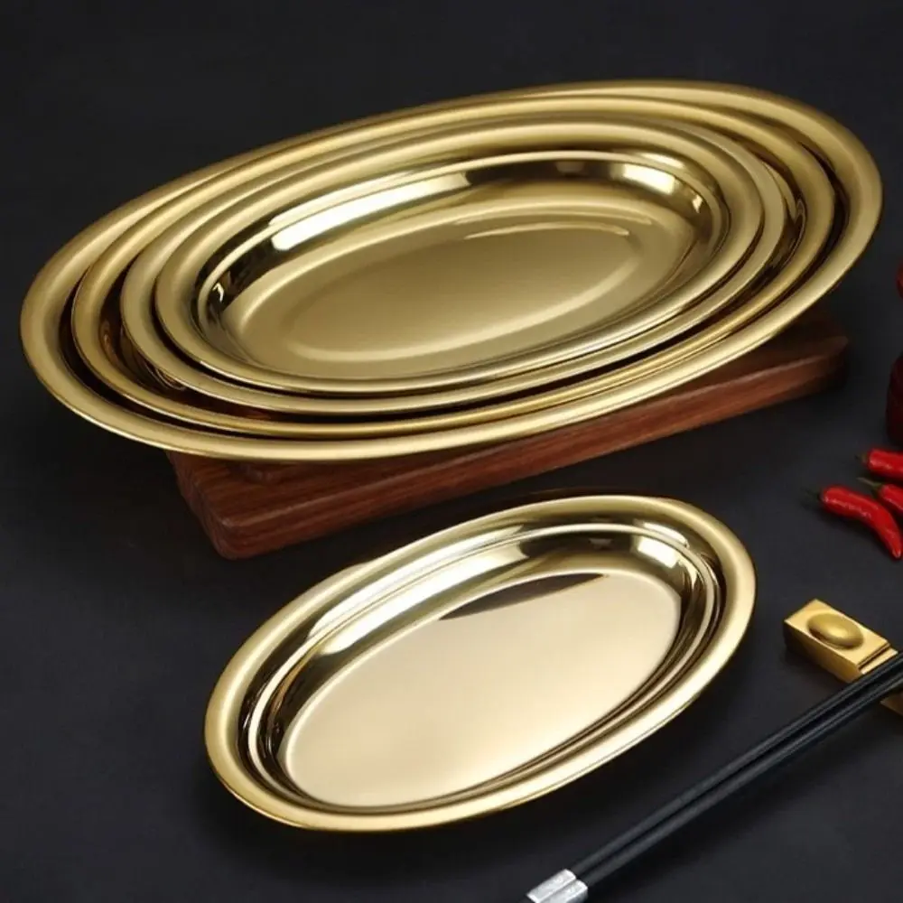 Korean Style Steamed Fish Plate Stainless Steel Oval Shape Dining Plate Flat Surface Gold Silver Large Serving Plate Kitchen Use