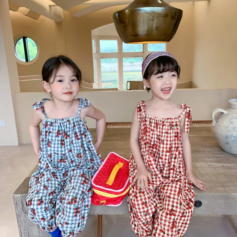 Summer Casual Baby Girls Loose Floral Plaid Sleeveless Strapped Bodysuits Kids Lovely Slip Jumpsuits Children Outfits 2-8 Years