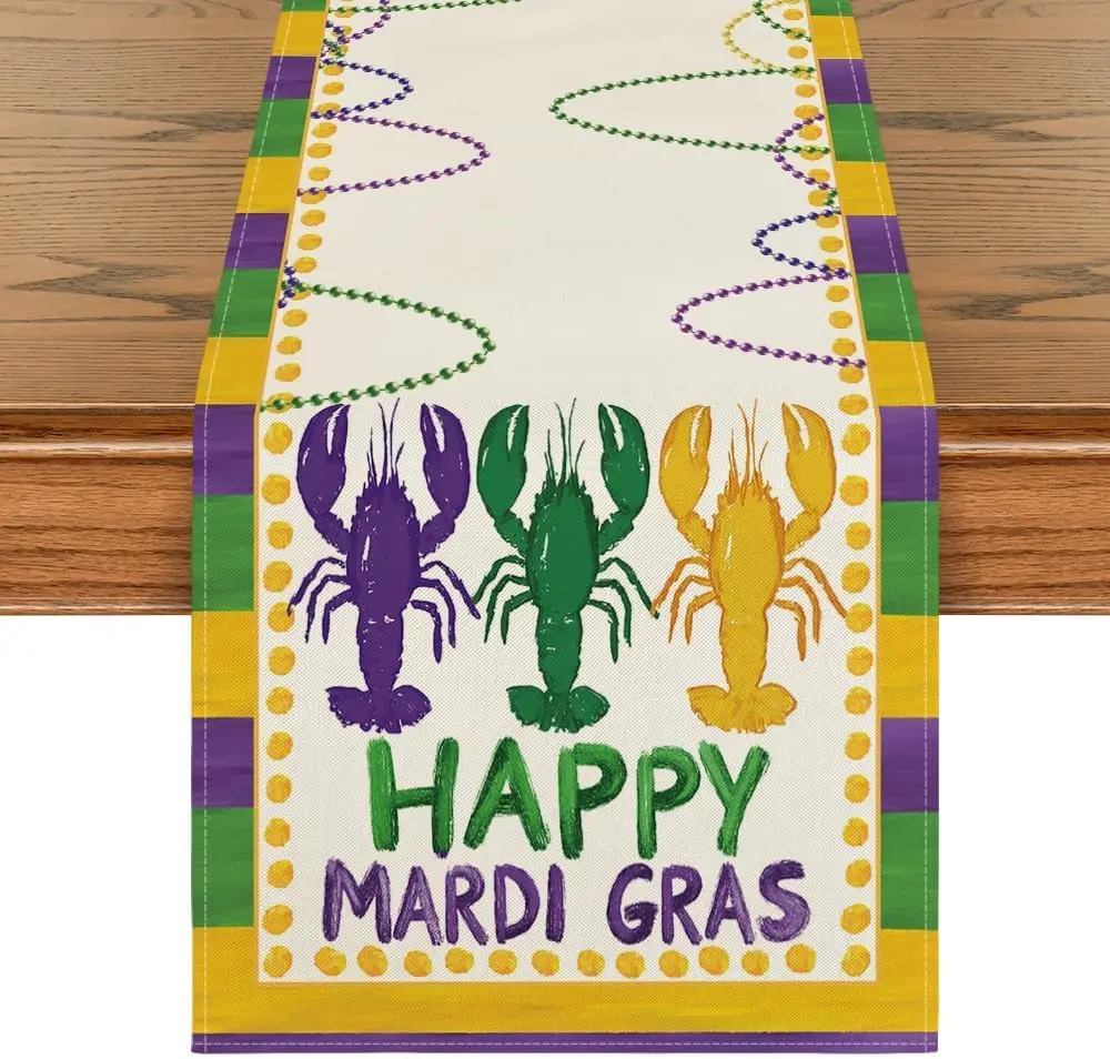 Happy Mardi Gras Prawns Stripes Linen Table Runner Party Decor Carnival Kitchen Dining Table Runner Mardi Gras Decorations