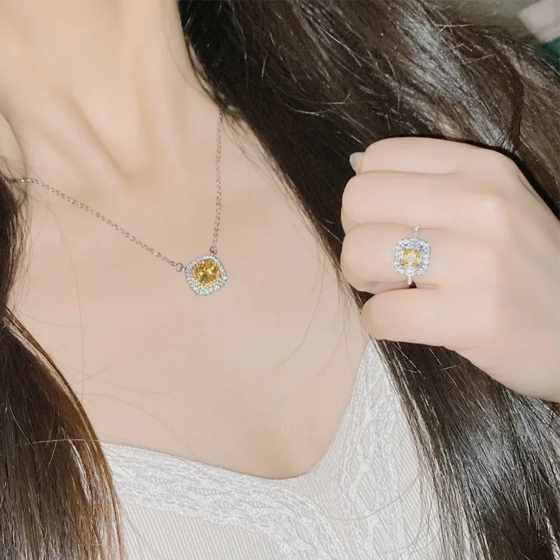 MDL مويسانيتي نمط كلاسيكي الحد الأدنى موضة تحسس مجموعة مطلية بالذهب مربع الوردي زركونيا خاتم وقلادة #4