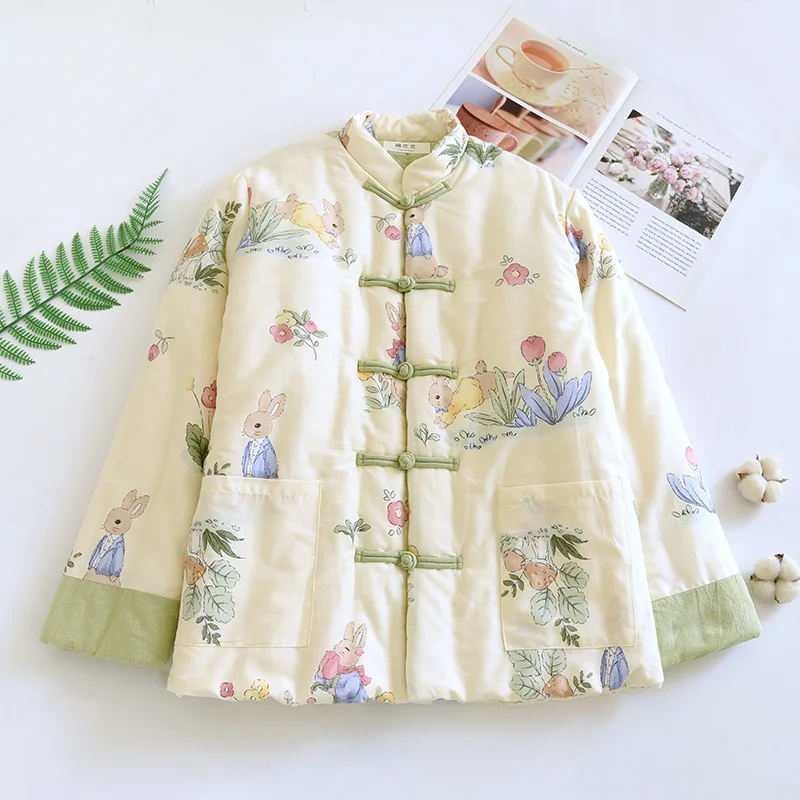 

Вязаная куртка ручной работы из утолщенного хлопка для женщин, теплая зимняя верхняя одежда в китайском стиле, на пуговицах, без бренда