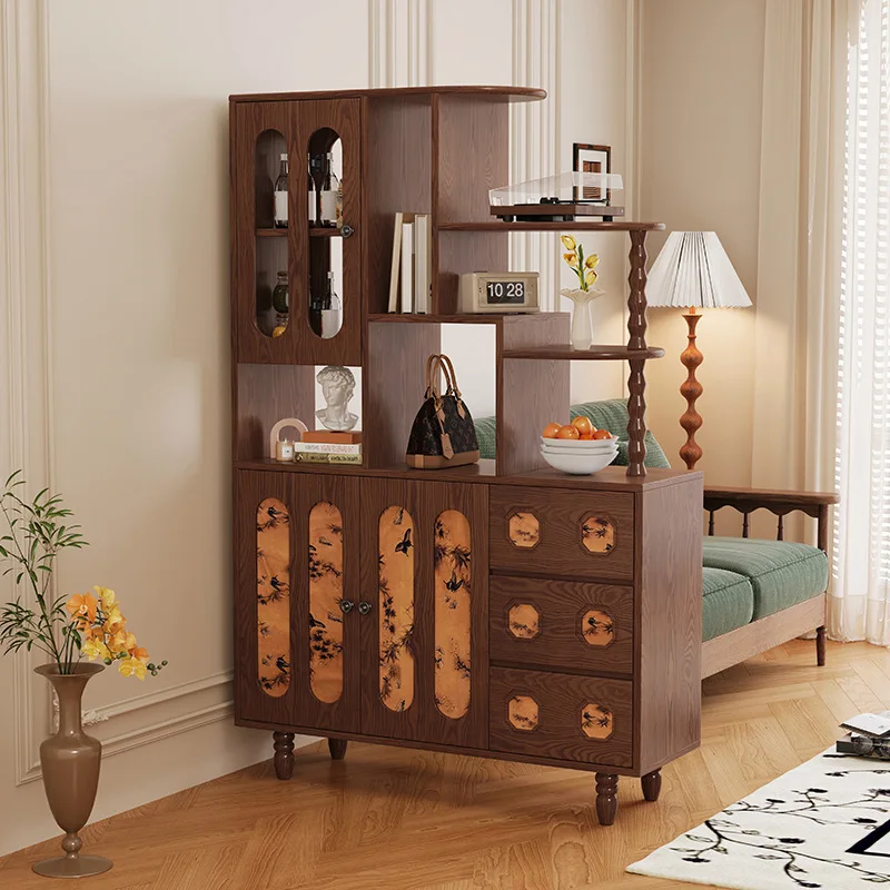 Mid-Century Style All Solid Wood Entrance Cabinet French Vintage Living Room Wall Storage Cabinet with Drawer Foyer Cabinet Stor