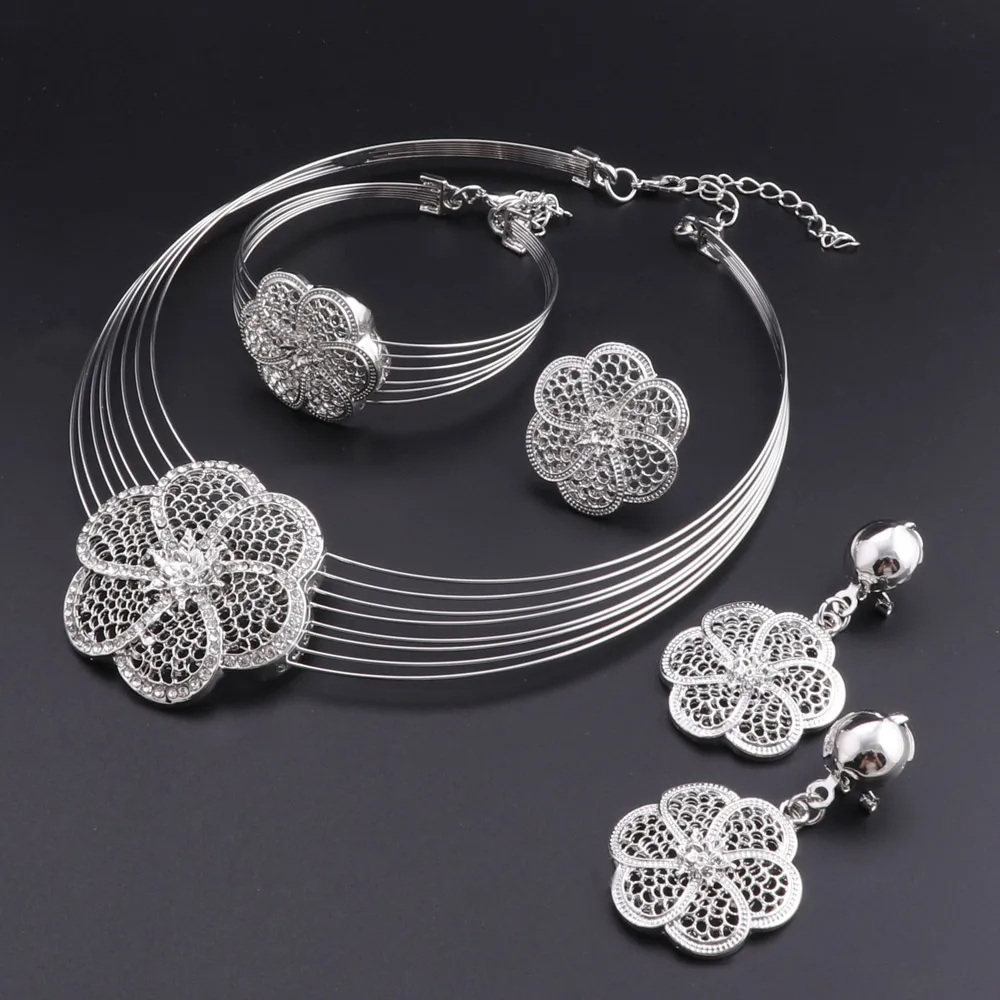 Silver Plated Jewelry Sets For Women Necklace Earrings Set Designed For Women Wedding Party Prom Jewelry