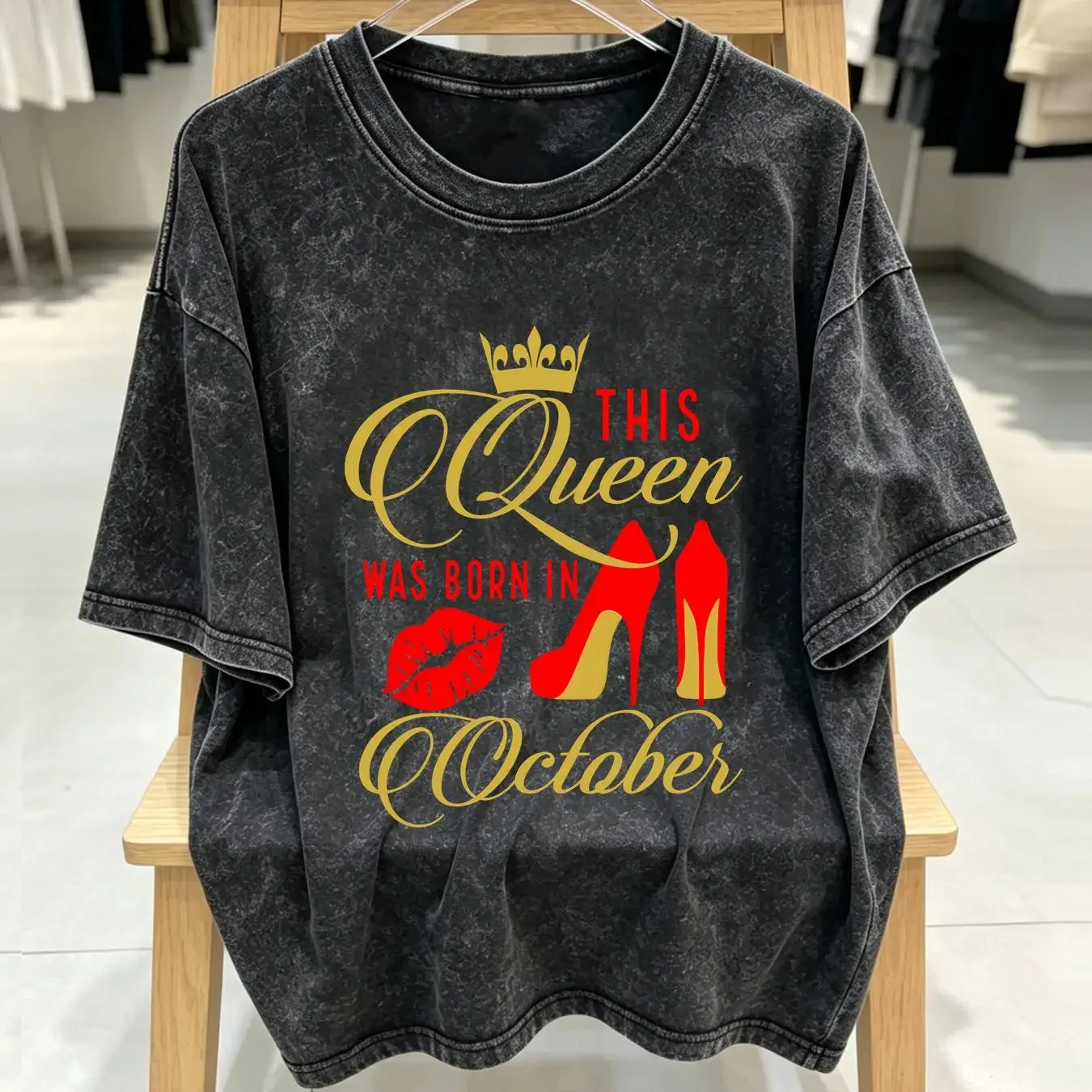 washed T Shirt This Queen Was Born in October Birthday Women vintage Washed Versatile Stylish Top For Everyday Wear Casual