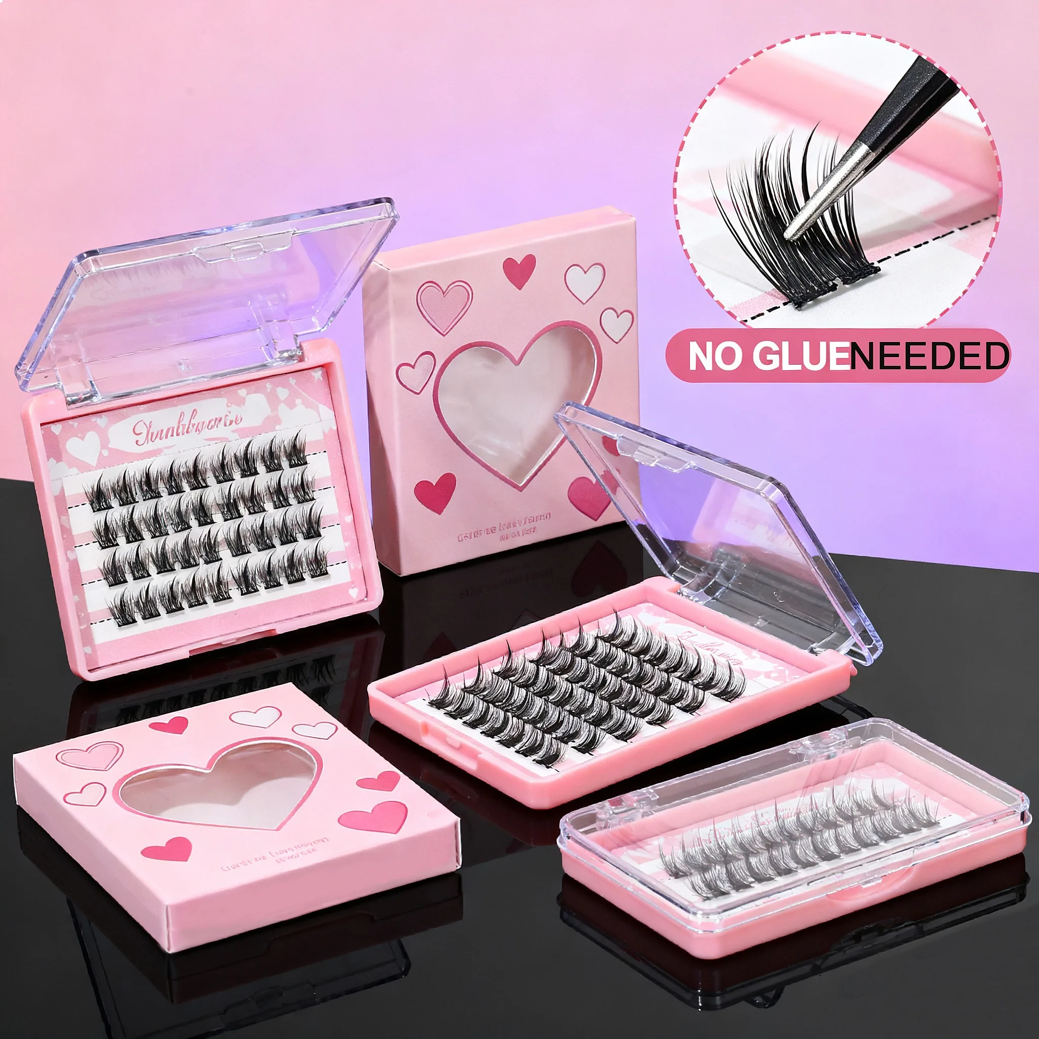 Wispy Plant Fiber Vegan Press-On Lash Clusters Self-Adhesive Reusable Transparent Band Wholesale Pre Glued Lashes