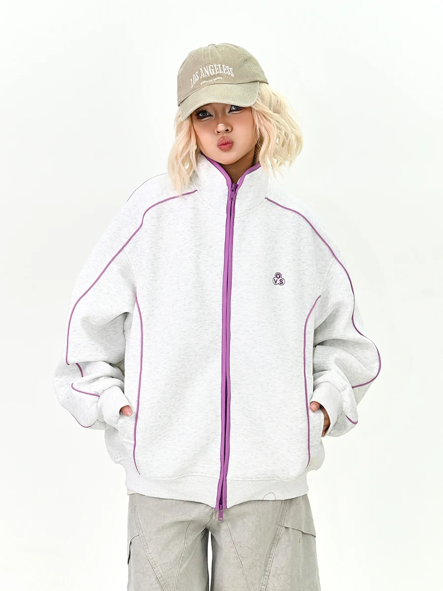 

Свободная женская куртка с воротником-стойкой, цветными вставками и декоративной строчкой, весна 2026, уличный стиль, парная верхняя одежда, повседневный американский студенческий стиль