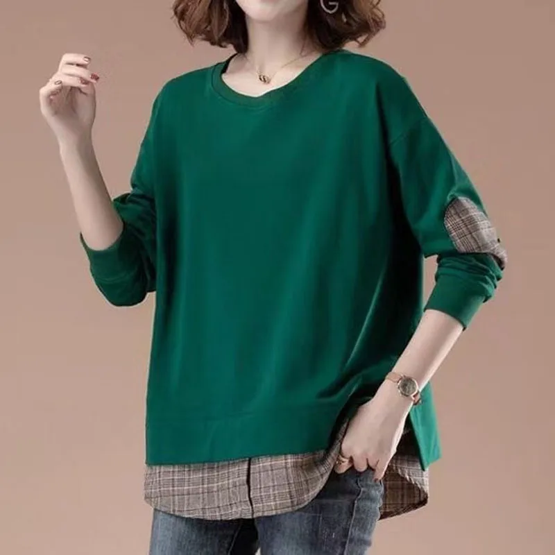 Loose Two Fake Pieces O-Neck Lattice Patchwork Pullover Retro Literary Style Green Sweatshirts Plus Size Middle Age Women Tops