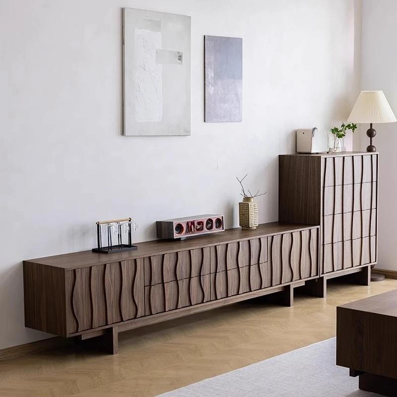 Meuble TV médiéval en noyer noir, meuble tout du sol au plafond en bois massif, meuble latéral moderne et simple pour petit appartement pour vivre