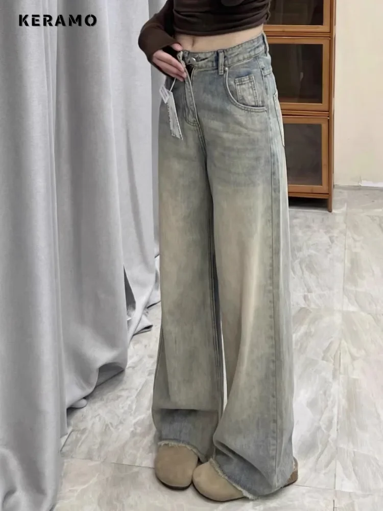 American Vintage Straight High Waist Tassels Jeans Women's Y2K Wide Leg Casual Pants Baggy Grunge Street Washed Denim Trouser