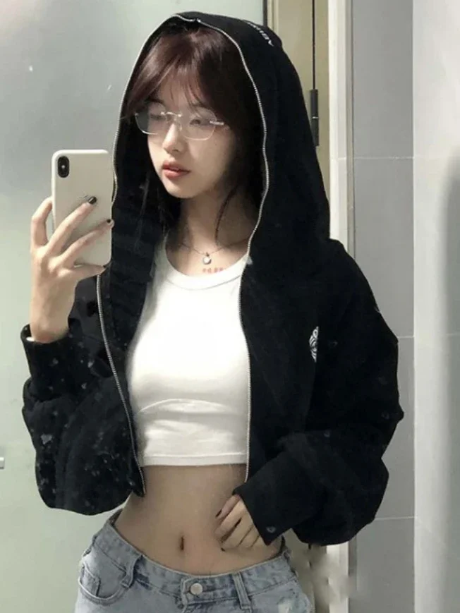 Streetwear Hoodies Women Harajuku Casual Hooded Zipper Jackets Crop Tops 2023 Ropa Mujer Casual Korean Fashion Y2k Sweatshirt