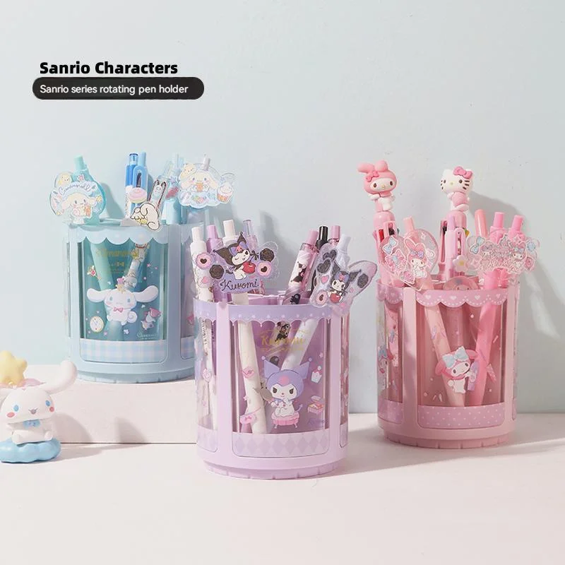 Sanrio Pen Holders Kawaii My Melody Kuromi Cinnamoroll Rotating Multi-grid Pen Holder Makeup Brush Holder Girl Pens Holder Boxs