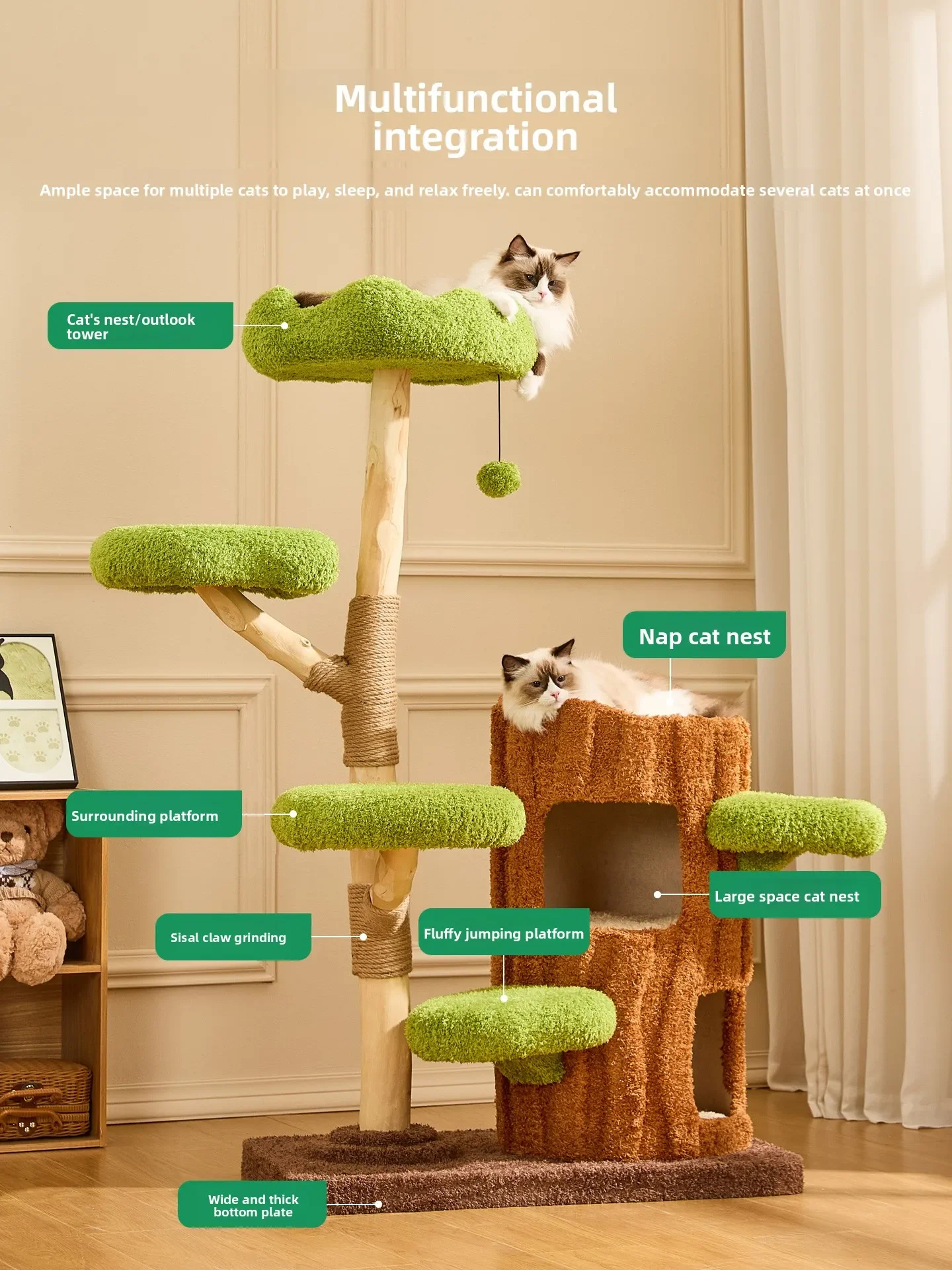 Cat climbing frame Large cat tree jumping platform Integrated solid wood shelf Villa warm  nest does not occupy