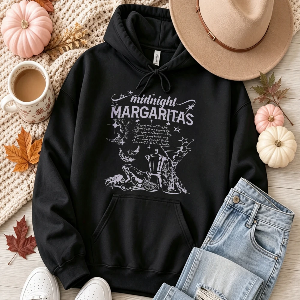 Midnight Margaritas Witchy Moon Cocktail Graphic Hoodie Pullover Hooded Sweatshirt Vintage Magic Spell Print Casual Streetwear