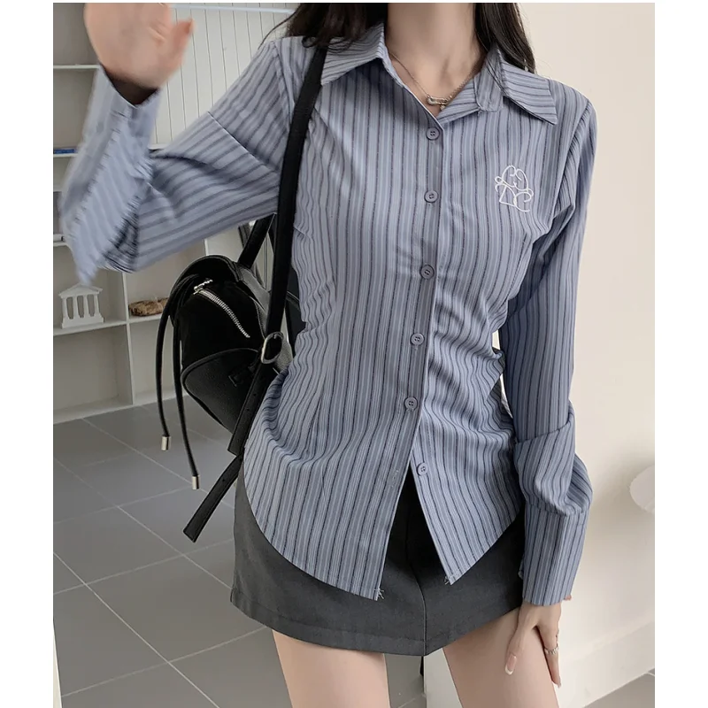 

Women's Clothes Shirt Spring Grey Shirt Stripe Embroidery Korean Fashion Vintage 2023 NEW Female Long Sleeve Chic Casual Blouse