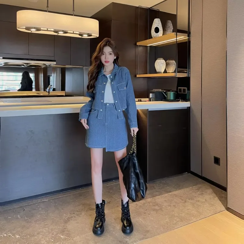 Insozkdg Spring Autumn Elegant Denim Skirt Suits Chic Style Irregular Long-sleeved Jacket + A-line Skirt Two-piece Set Women's