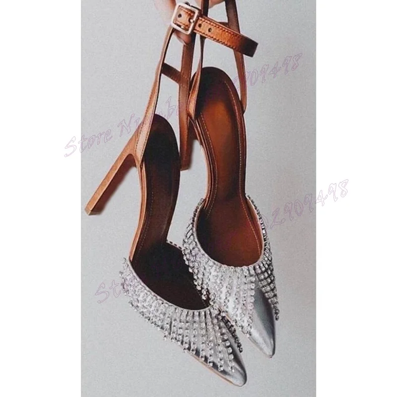 

Silver Crystal Tassel Ankle Strap Pumps Pointed Toe Shoes for Women Cut Heels Stiletto High Heels Shoes 2025 Zapatos Para Mujere