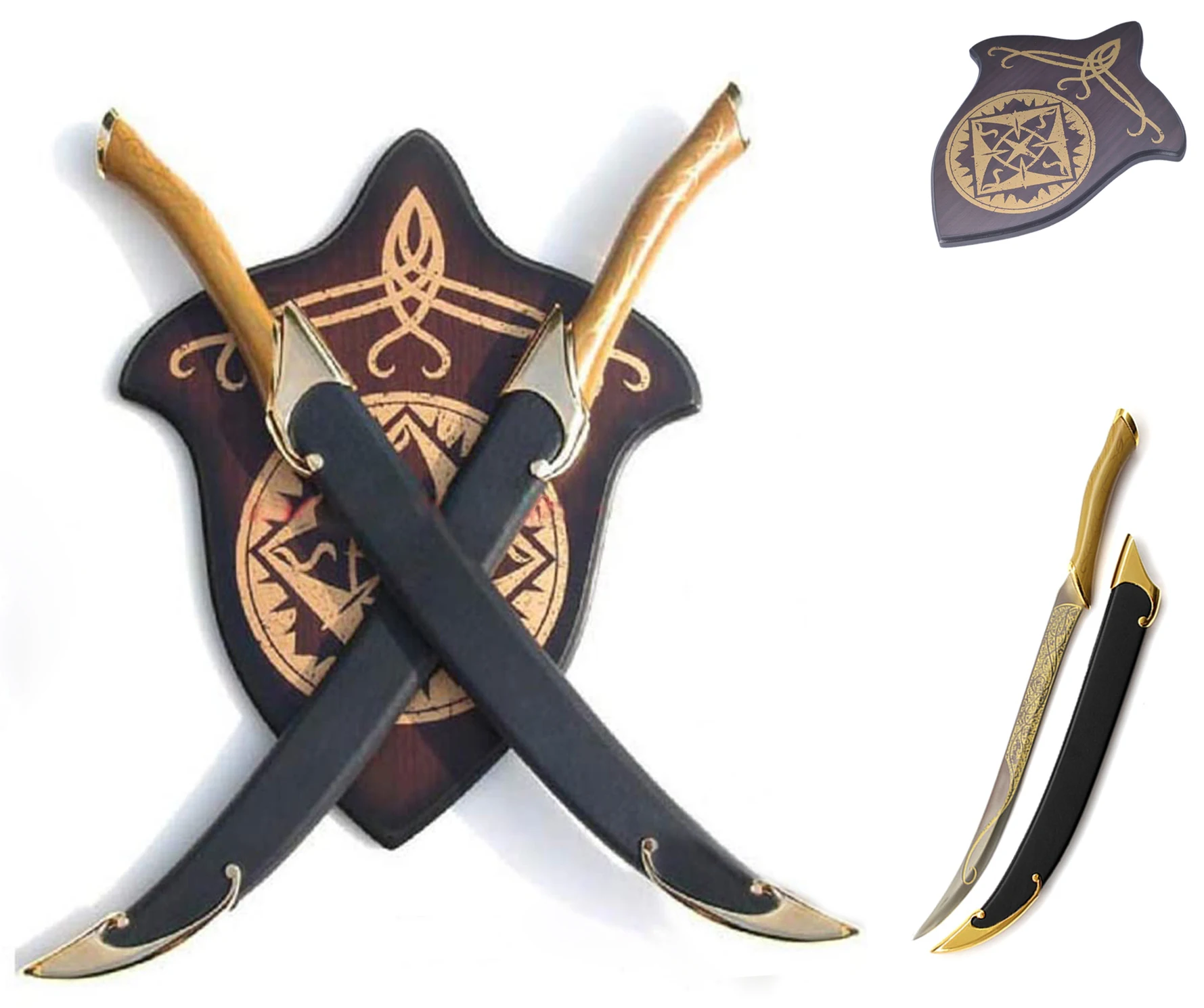 

Elf Double Sword With Scabbard，Legolas Cosplay Sword，Stainless Steel Blade，One Set of Two，With Display Board