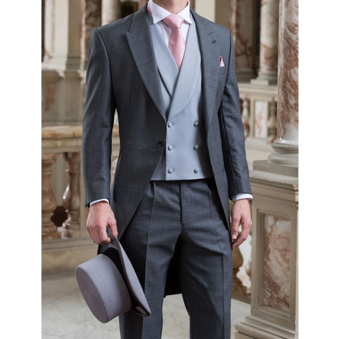

Men Suit 3 Pieces Dark Gray With Lapel For Wedding Banquet Work Business Daily Tuxedos Jacket Pants With Sky Blue Vest