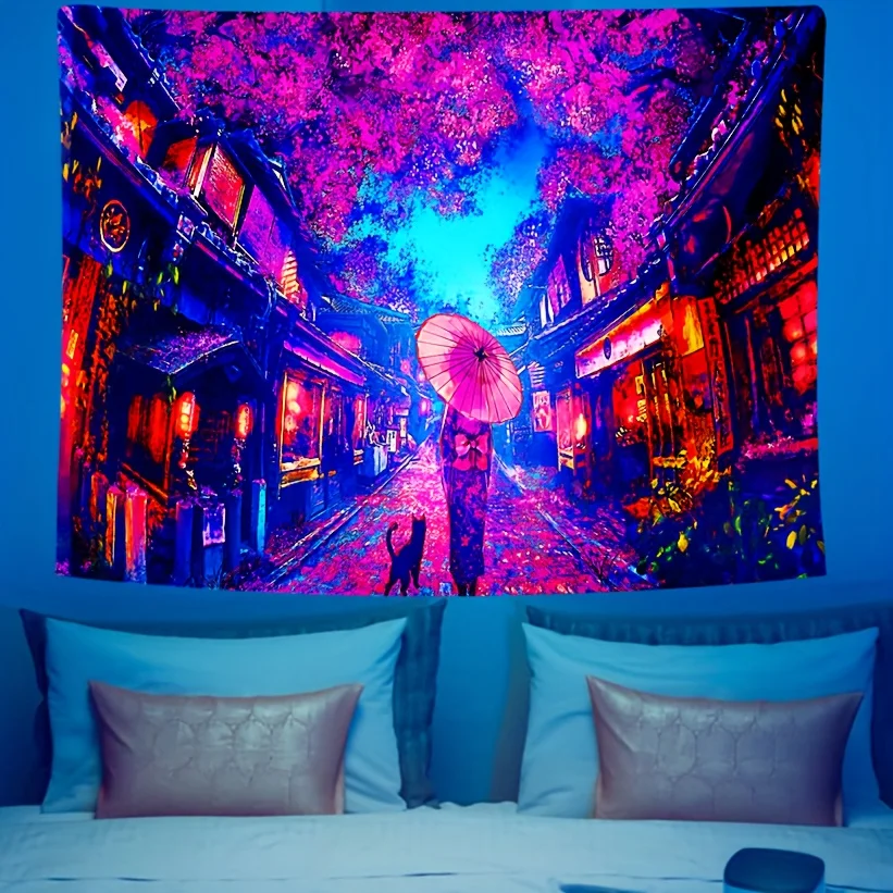 VIKAMA Cherry Blossom Street Scene Tapestry, Cyber Japanese Wall Hanging for Bedroom Home Decor