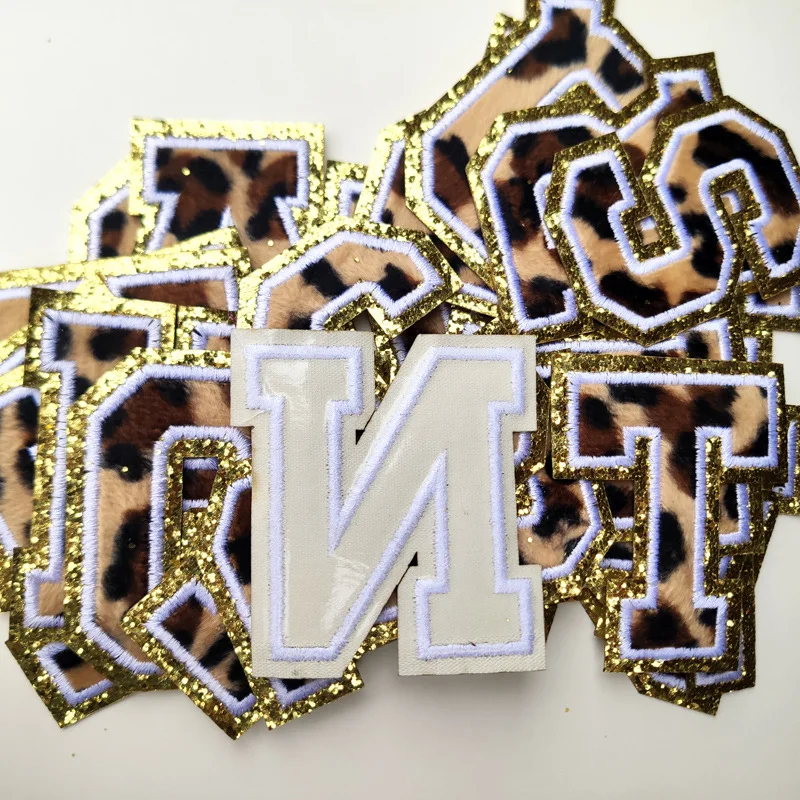 8CM Leopard Letters Alphabet Towel Embroidered Patches For Clothing Bags Jeans Iron On Accessories DIY Logo Name Patch Applique