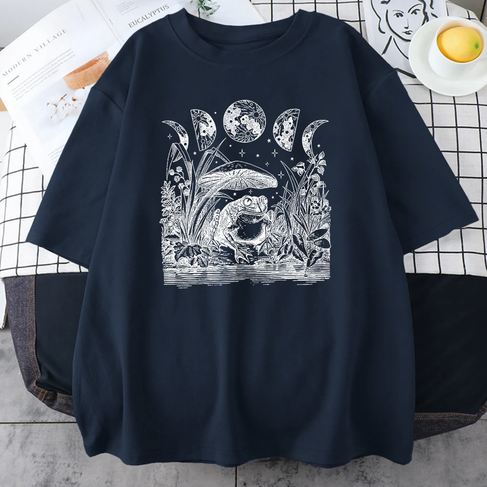 Śliczne Cottagecore estetyczna żaba grzyb księżyc czarownica męska koszulka odzież Vintage Casual Oversize bawełniane t-shirty kreatywne męskie topy