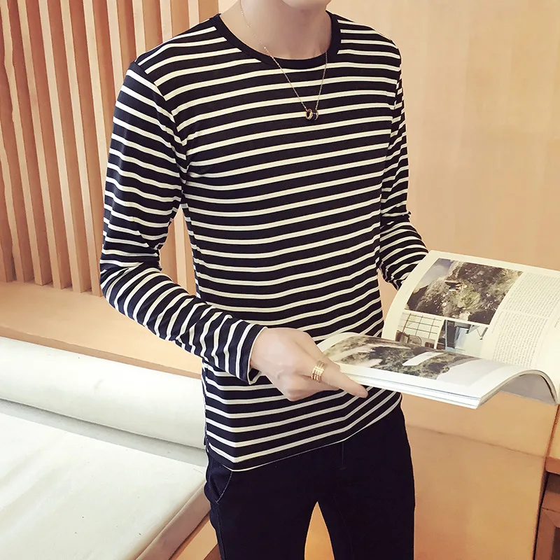 Striped T-shirt Men Long Sleeve Pullover Trendy Black White Striped Tops for Men Harajuku Casual Base Shirt Invisible Undershirt