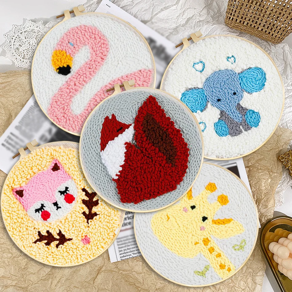 

CHENISTORY Cute Animal Pattern Punch Needle Starter Kits Soft Yarn Punch Needle Embroidery Kit Easy Wool Work Home Decor