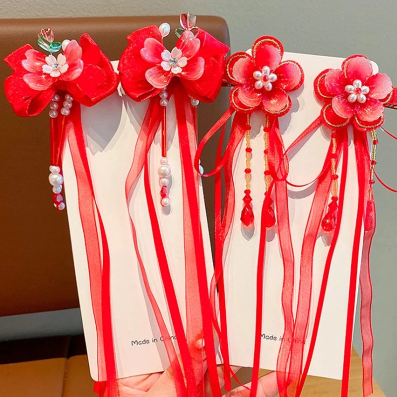 Chinese Style Children\'s New Year Kawaii Hair Clips Cheongsam Hanfu Hair Accessories Cosplay Hair Ball Hair Clip Red Tassel