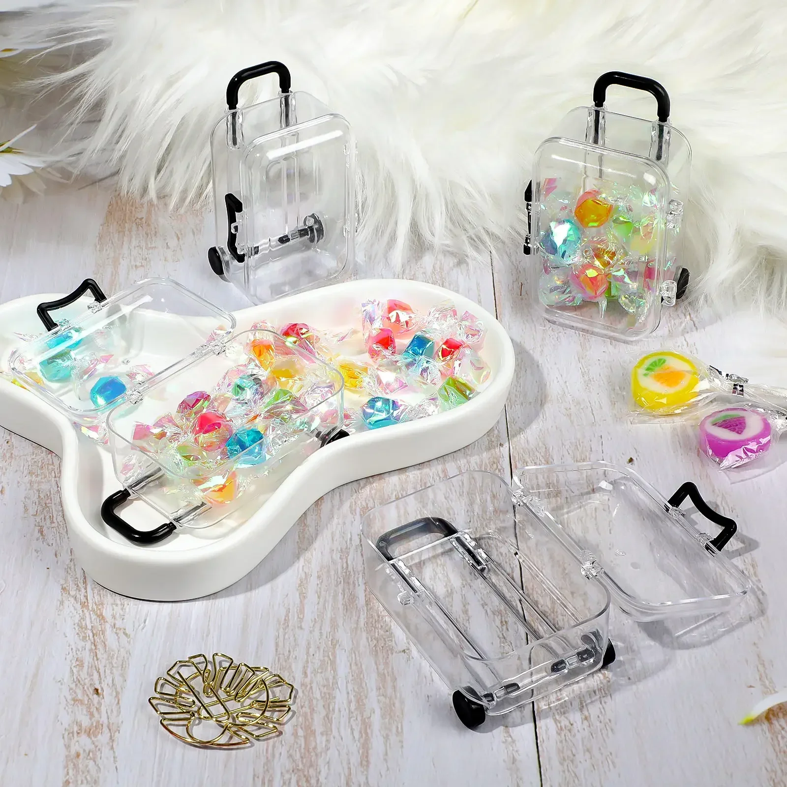 

Creative Mini Transparent Plastic Suitcase Storage Boxes Retractable Wheels Jewelry Snack Organizer Cart Luggage Compartment