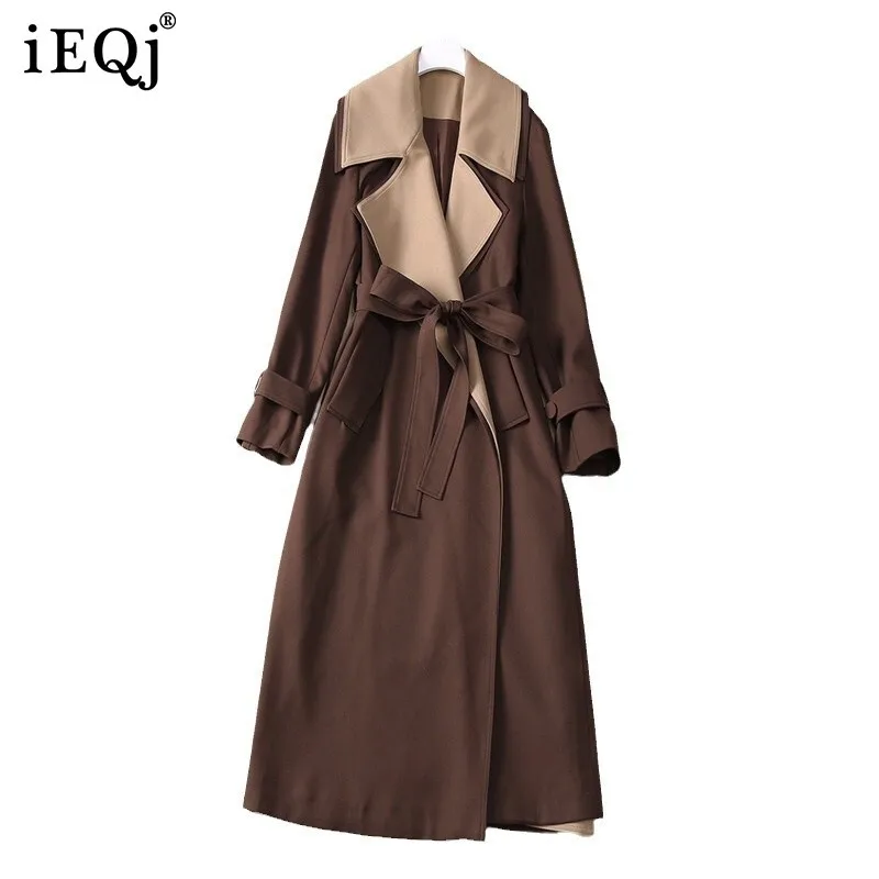 IEQJ Women's Color Block Lace-up Windbreak Lapel High Waist Long Sleeve Loose Elegant Windbreaks Autumn 2025 New 3WM2522