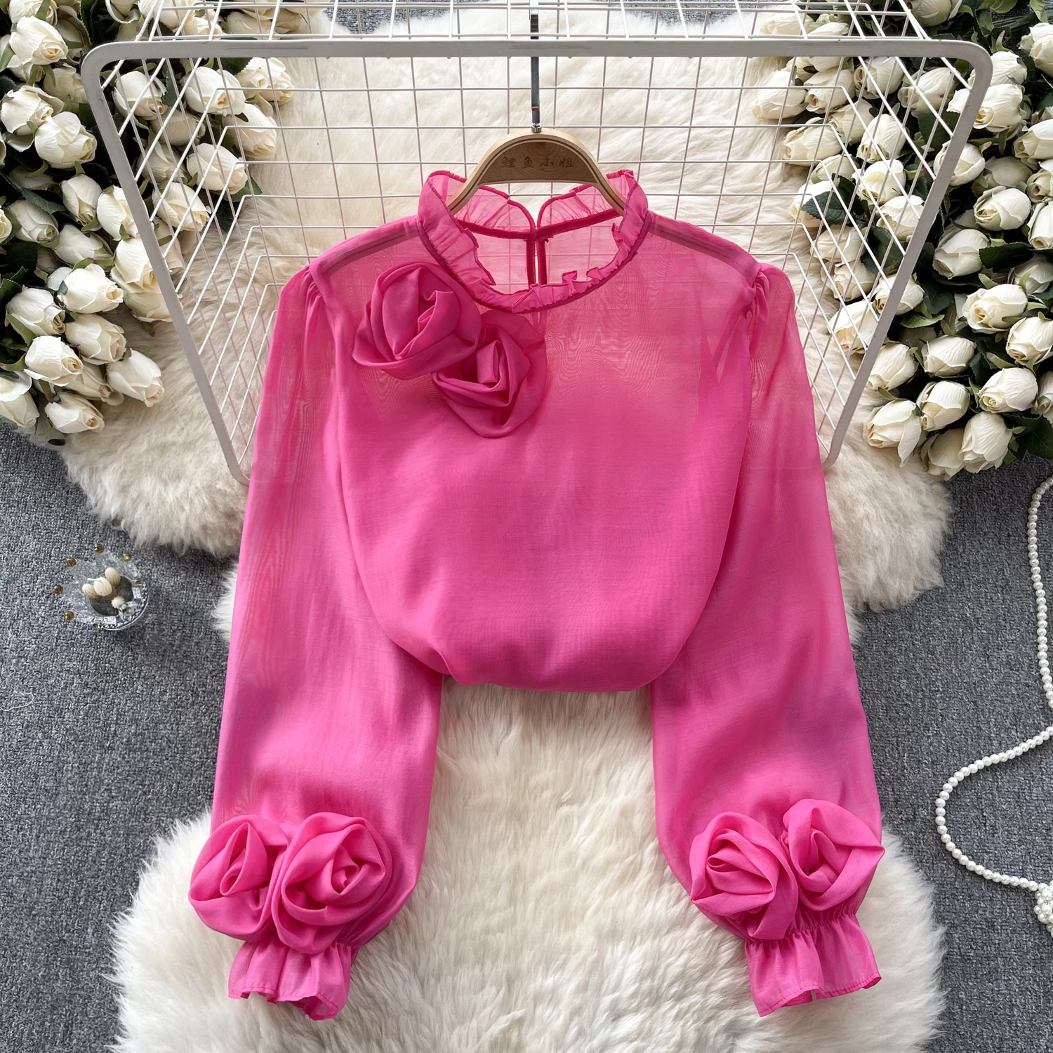 

Chic Elegant Three-dimensional Floral Ruffle Puff Long Sleeve Top Vintage Korean Ruffle Fairy Crop Top Autumn Women Clothing