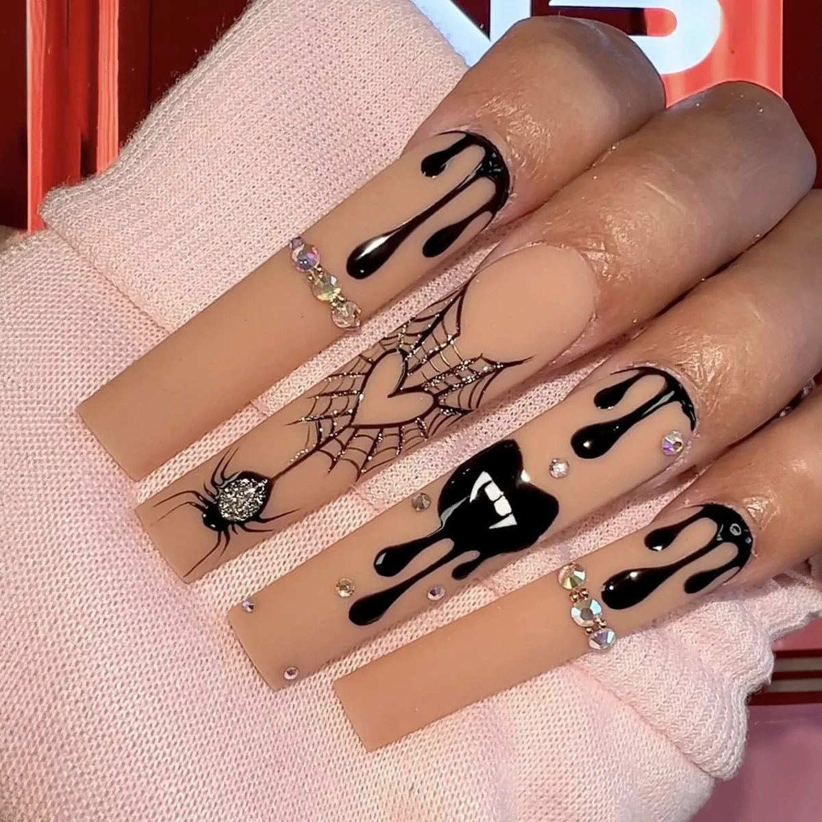 Gruselige Blutschädel-Kunstnägel, langer Sarg, Ballett, Halloween-Stil, künstliche Nägel, 24 Stück, tragbar, zum Aufdrücken von Nagelspitzen als Halloween-Geschenk – Detail 4
