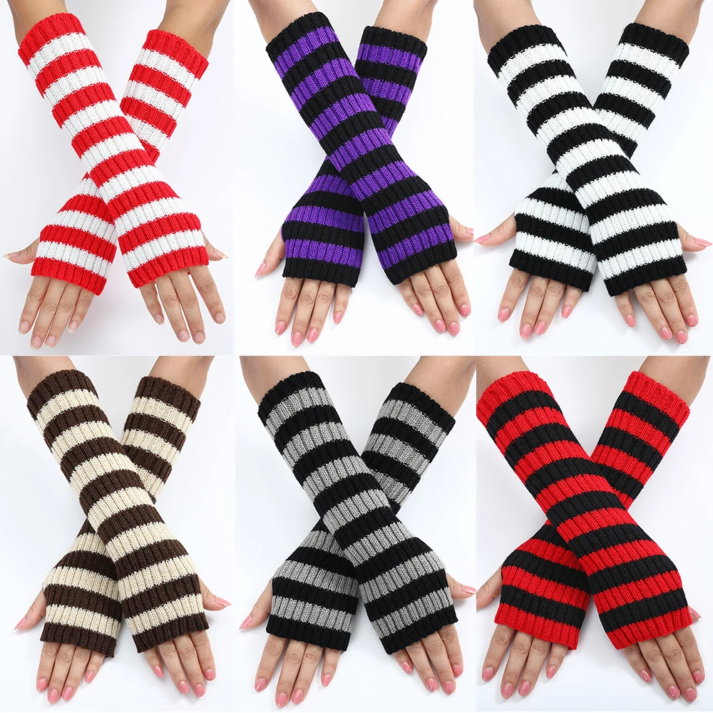 

Women Knitted Arm Sleeves Long Striped Fingerless Gloves Winter Arm Warmers Sleeve Covers Wool Elbow Mittens Y2K Arm Sleeves