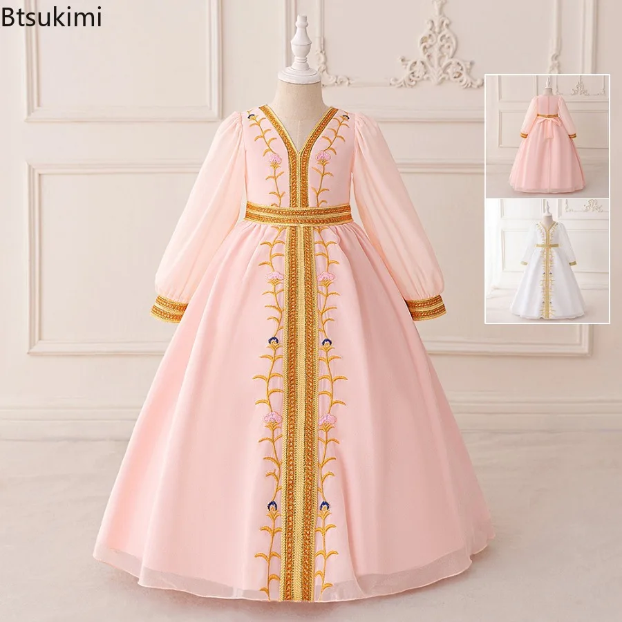 

Праздничное платье для девочек на Рамадан: мусульманское молитвенное платье, платье принцессы с цветочной вышивкой, арабский костюм из Дубая, повседневное платье для праздника Ид