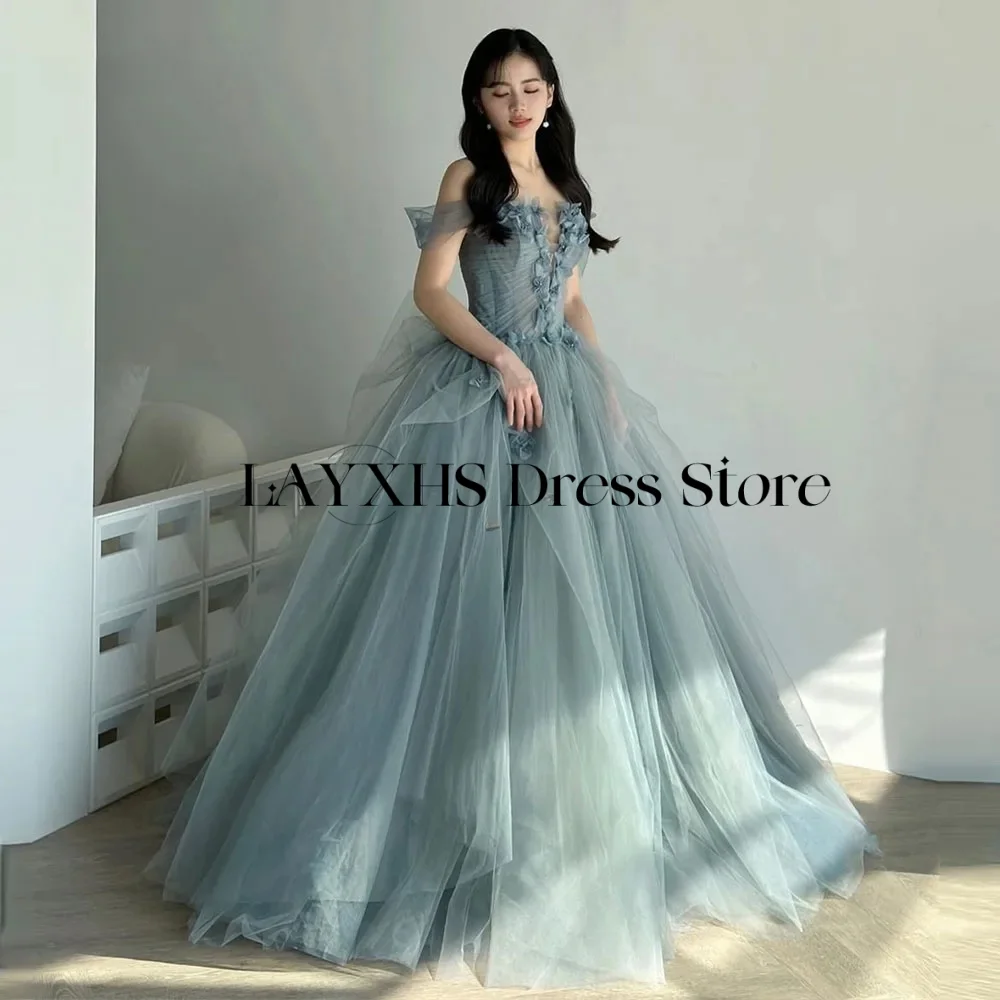 Eleganti abiti da sera principessa verde acqua Corea Una linea con spalle scoperte Matrimonio floreale Servizio fotografico Abito da festa Abito da sposa personalizzato