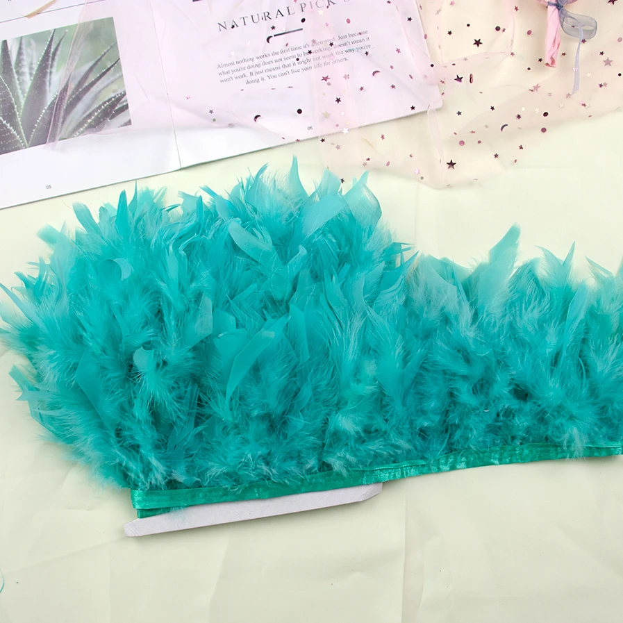 1Meter Multicolor Turkey Feather Trim Fringe Fluffy Stripped Plumas Ribbon 10-15cm for Wedding Dress Clothing Crafts Decoration