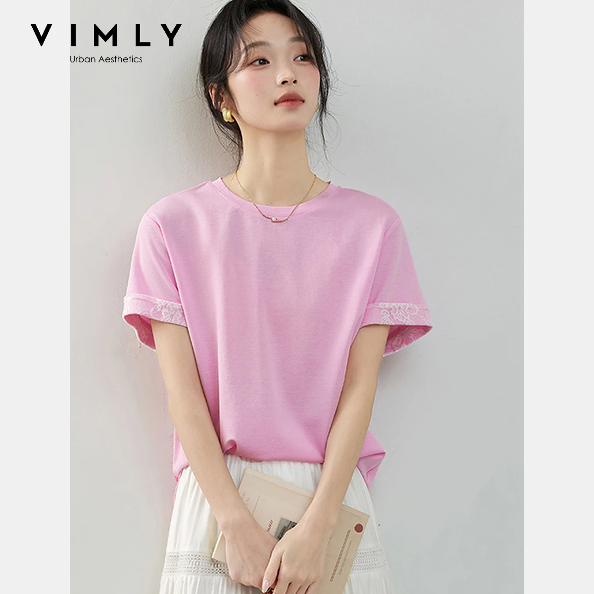 

VIMLY розовые футболки женские с кружевными манжетами модные женские летние 202 повседневные женские топы с круглым вырезом и короткими рукавами A1855